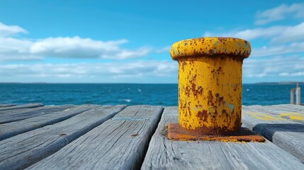 Naklejka premium A close-up of a rusted yellow bollard on a wooden dock, showing the worn texture of the metal against the backdrop of the ocean and blue skies.