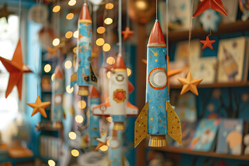 space-themed childrens room, sparkling stars and small spacecraft adorn the walls, space travel storybooks scattered inviting all to celebrate human space flight milestones