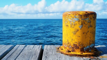 A close-up of a rusted yellow bollard on a wooden dock, showing the worn texture of the metal against the backdrop of the ocean and blue skies.