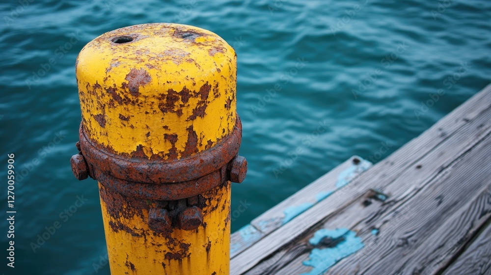 Poster a close-up of a rusty yellow bollard on a wooden dock, with peeling paint and rust, reflecting the c