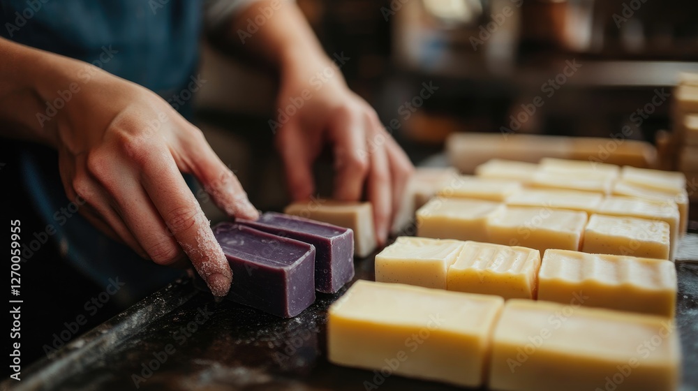 Poster a close-up of a soap maker cutting fresh handmade soap bars, carefully packaging them with attention