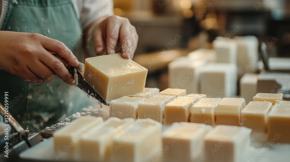Poster A close-up of a soap maker cutting fresh handmade soap bars, carefully packaging them with attention to detail and dedication to quality.