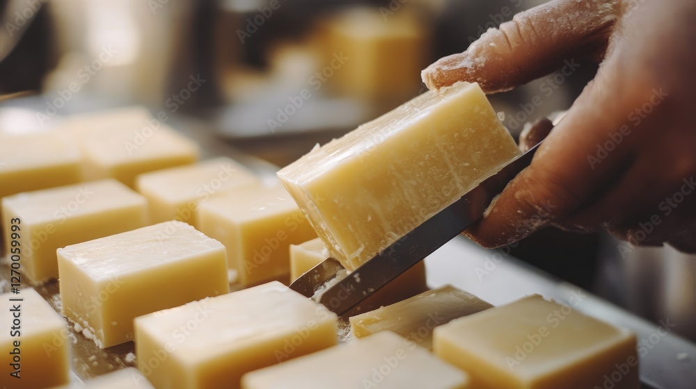 Poster a close-up of a soap maker cutting fresh handmade soap bars, carefully packaging them with attention
