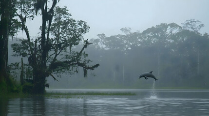 Obraz premium Dolphin leaping, rainforest river, misty morning, wildlife documentary