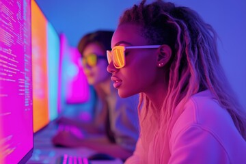 Debugging vibrant code snippets in a colorful workspace during evening hours