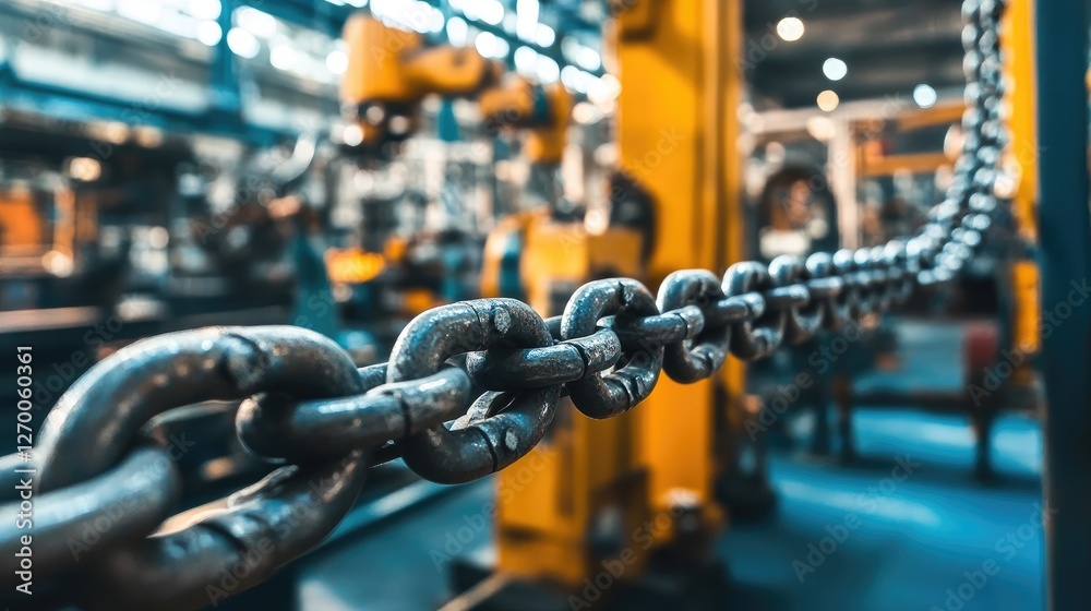 Poster A close-up of chain links in the foreground of an industrial workshop, with machinery and robots working in the background, showcasing industrial design.