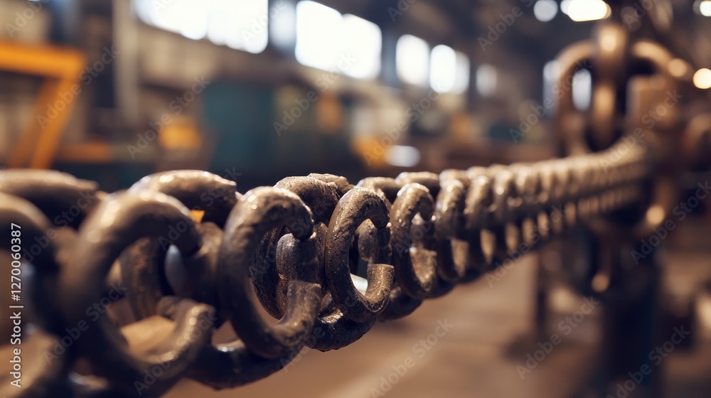 Poster a close-up of chain links in the foreground of an industrial workshop, with machinery and robots wor