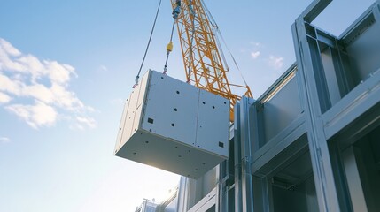 Modular building construction with crane lifting prefab module at site