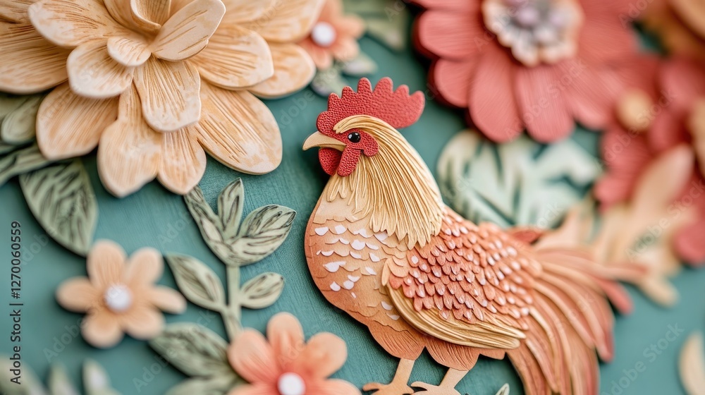 Poster a close-up of fussy cut templates for floral and chicken designs, designed for use in crafting proje