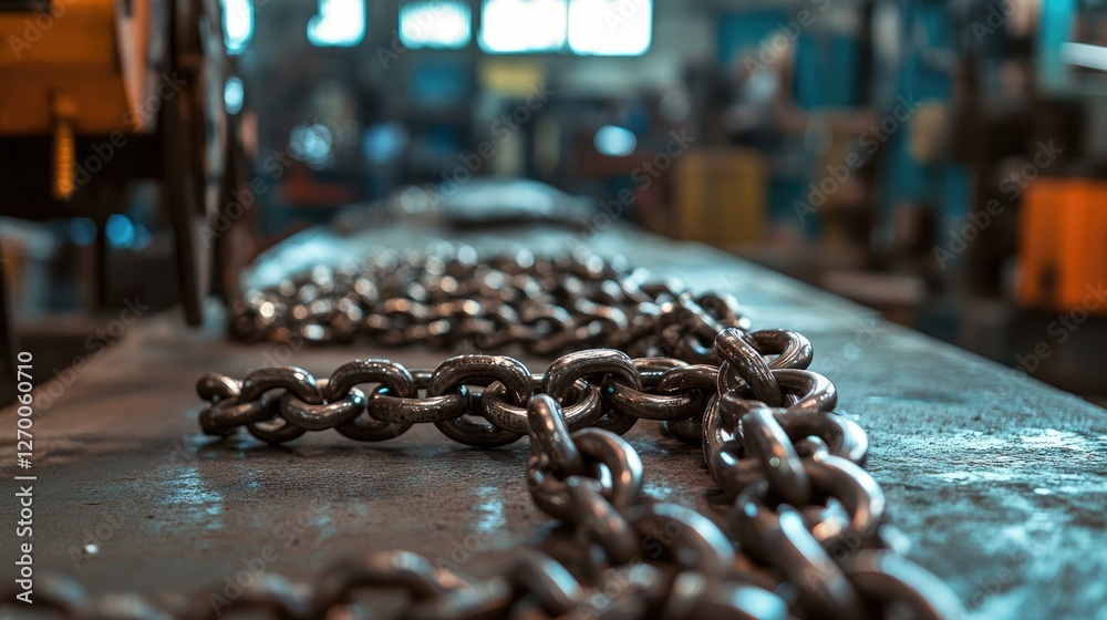 Poster a close-up of heavy metal chains on a workbench in an industrial setting, focusing on the texture an