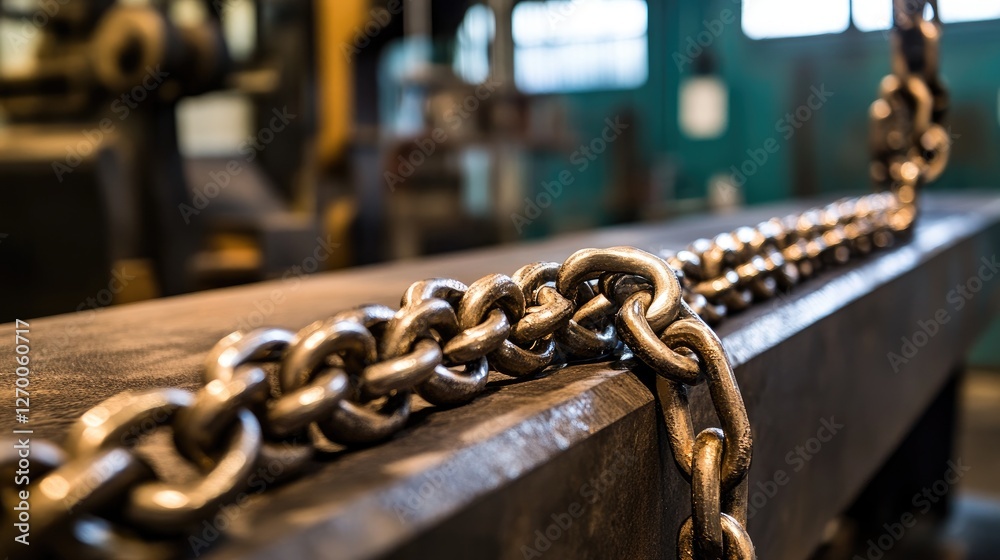 Poster a close-up of heavy metal chains on a workbench in an industrial setting, focusing on the texture an