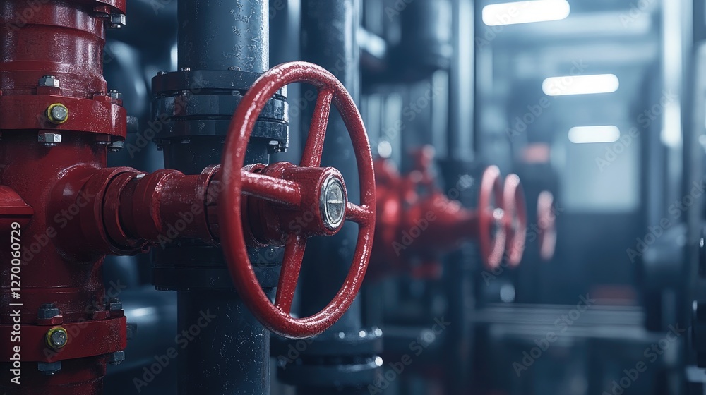 Poster a close-up of industrial pipes and red valves in a working environment, showcasing the mechanical el