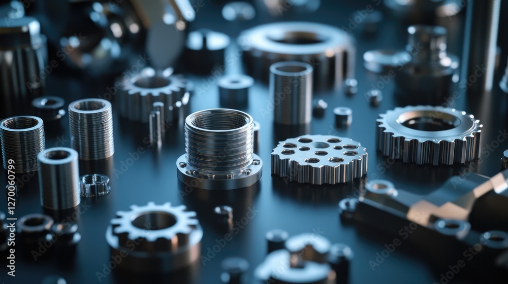 Aufkleber a close-up of metallic industrial components on a dark background, emphasizing their precise design 