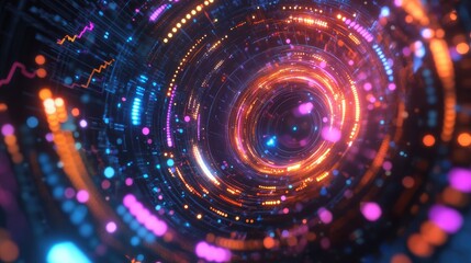 High-tech financial market visualization with glowing trend lines, global economy charts, and investment performance metrics