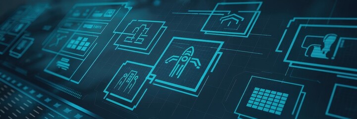 Futuristic digital interface displaying various icons and connected elements