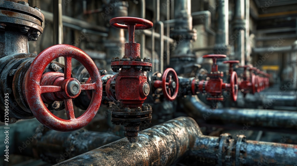 Poster a close-up of pipes and red valves in an industrial setting, emphasizing the machinery and mechanica