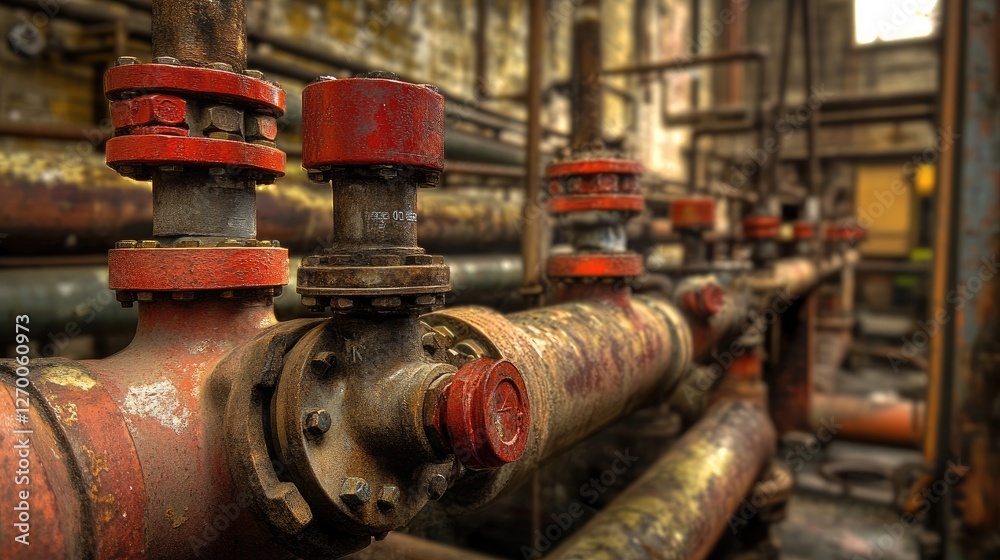 Poster a close-up of pipes and red valves in an industrial setting, emphasizing the machinery and mechanica