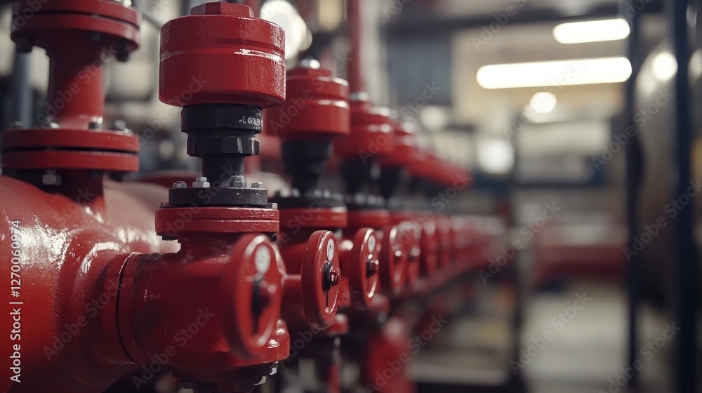 Poster a close-up of pipes and red valves in an industrial setting, emphasizing the machinery and mechanica