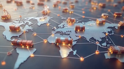 International logistics hub concept, digital trade routes over a detailed world map, connecting major ports and cargo transit centers