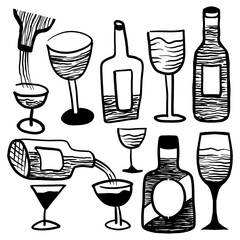 Hand drawn doodle wine bottle and wine glass set
