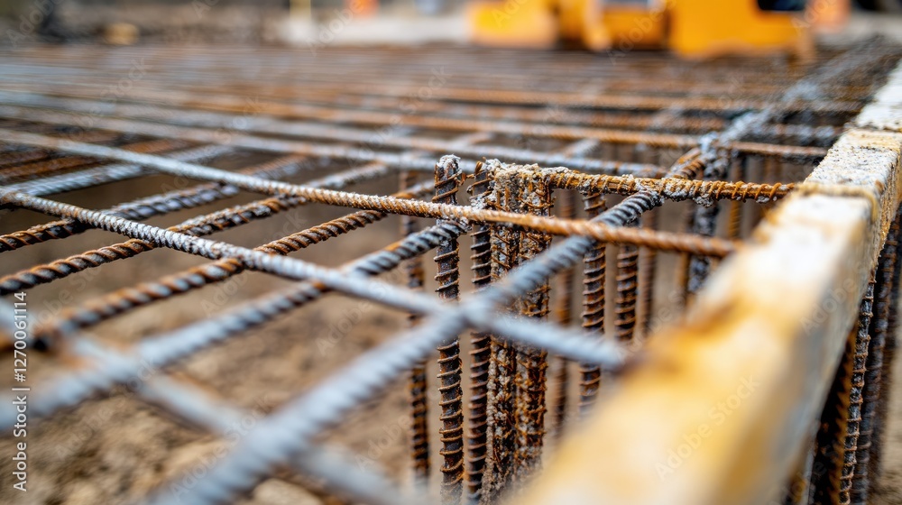 Aufkleber A close-up of rebar and formwork set in a foundation pit, ready for concrete pouring, emphasizing the precision of the construction process.