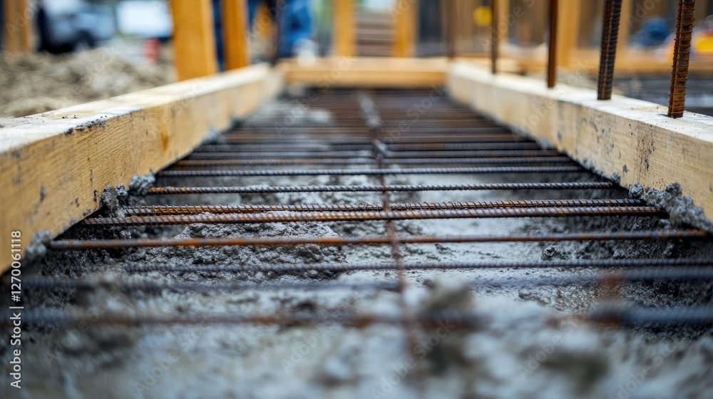 Poster A close-up of rebar and formwork set in a foundation pit, ready for concrete pouring, emphasizing the precision of the construction process.