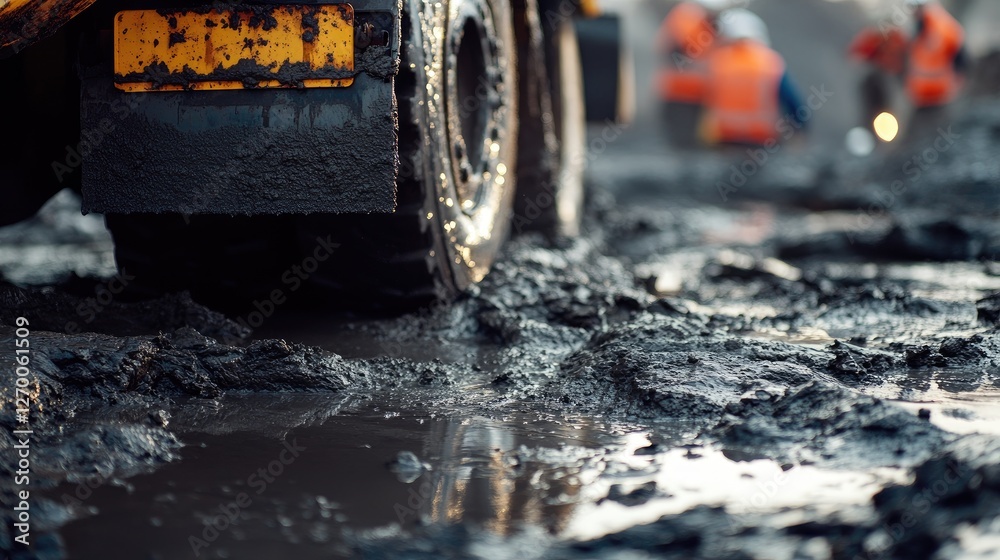 Poster a close-up of wet concrete being poured from a concrete mixer truck, capturing the foundation work i