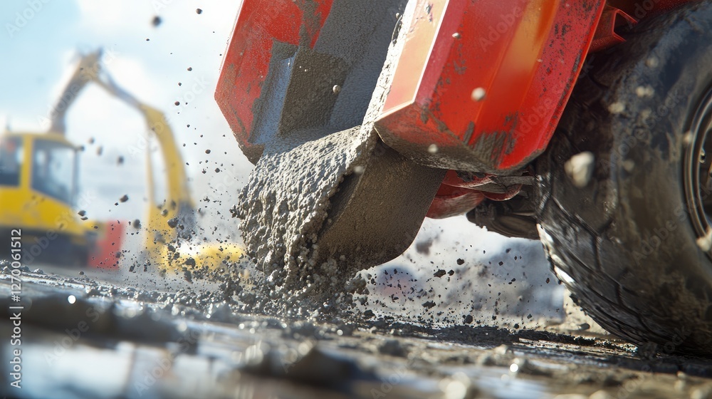 Poster a close-up of wet concrete being poured from a concrete mixer truck, capturing the foundation work i