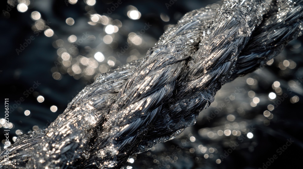 Poster a close-up shot of a thick rope with water in the background, showcasing the intricate texture of th