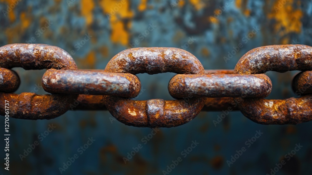 Poster a close-up shot of an old, rusty chain dangling from a corroded metal surface, capturing the theme o