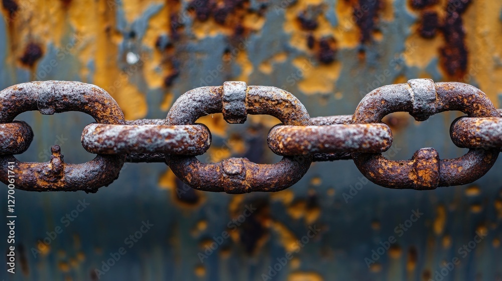 Poster A close-up shot of an old, rusty chain dangling from a corroded metal surface, capturing the theme of neglect and decay.