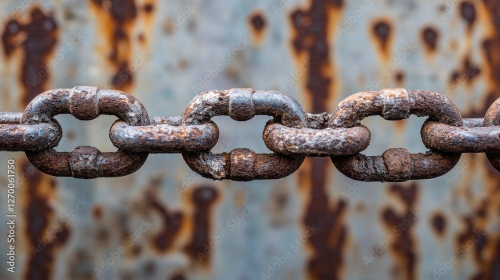 Poster a close-up shot of an old, rusty chain dangling from a corroded metal surface, capturing the theme o