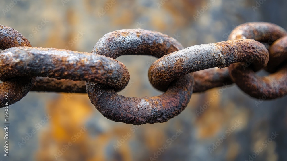 Poster a close-up shot of an old, rusty chain dangling from a corroded metal surface, capturing the theme o