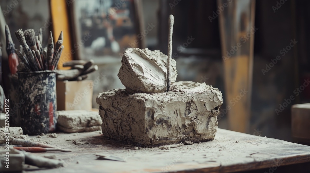 Poster a close-up shot of sculpting tools immersed in a block of clay, set on a workbench, showcasing the r