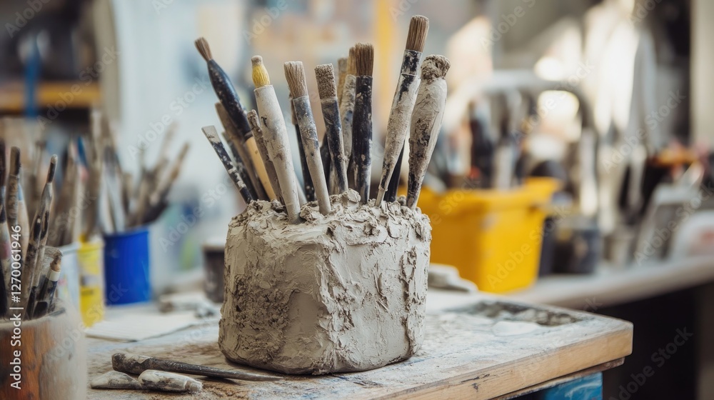 Aufkleber A close-up shot of sculpting tools immersed in a block of clay, set on a workbench, showcasing the raw and intricate process of creating art.