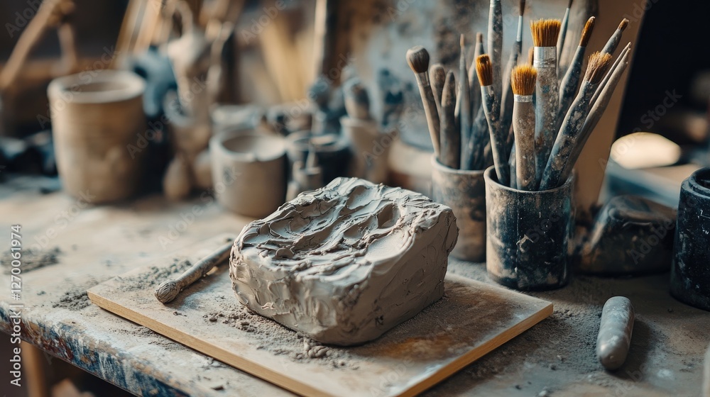 Aufkleber A close-up shot of sculpting tools immersed in a block of clay, set on a workbench, showcasing the raw and intricate process of creating art.