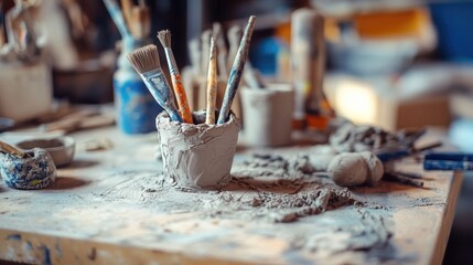 A close-up shot of sculpting tools immersed in a block of clay, set on a workbench, showcasing the raw and intricate process of creating art.