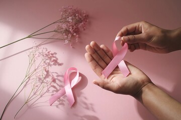 Women holding pink ribbon on color background, closeup. Breast cancer awareness concept