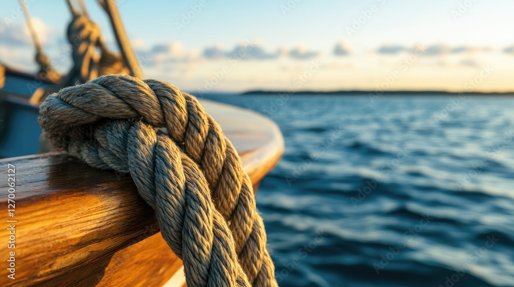Poster a close-up view of a rope tied on a boat, with the sea in the background, showing the texture and cr