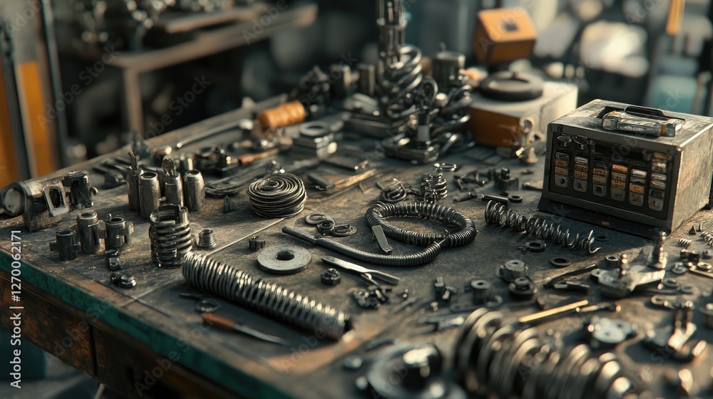 Poster a close-up view of an industrial workshop workbench, filled with metal springs and tools, capturing 