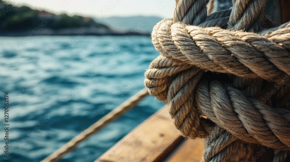 Poster a close-up view of a rope tied on a boat, with the sea in the background, showing the texture and cr