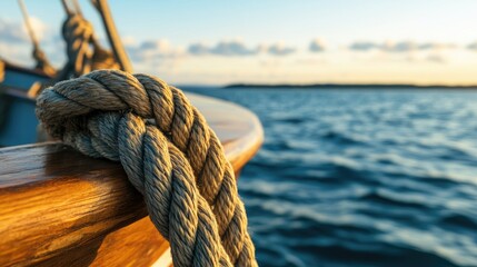 Fototapeta premium A close-up view of a rope tied on a boat, with the sea in the background, showing the texture and craftsmanship of the rope against the natural seascape.