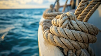 Fototapeta premium A close-up view of a rope tied on a boat, with the sea in the background, showing the texture and craftsmanship of the rope against the natural seascape.