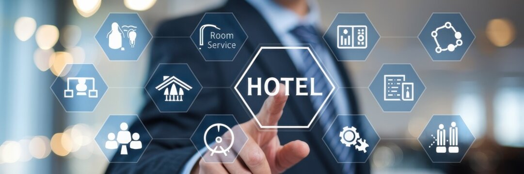 Business person touching a hotel services digital display interface