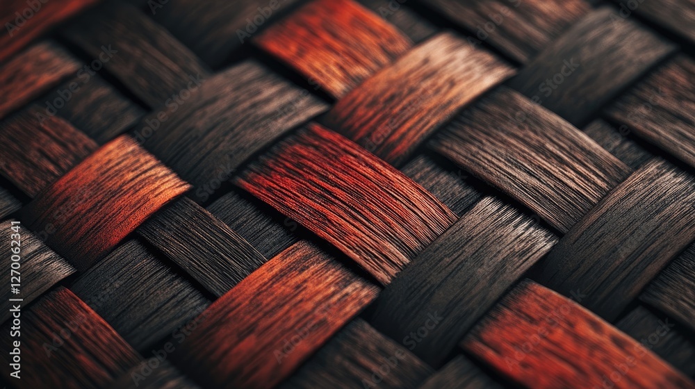 Aufkleber a close-up view of interwoven wooden blocks in shades of dark brown and reddish-brown, creating a te