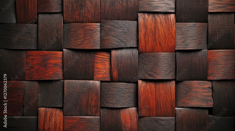 Poster a close-up view of interwoven wooden blocks in shades of dark brown and reddish-brown, creating a te