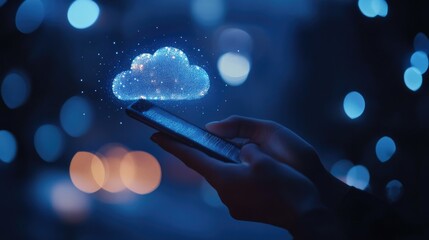 Real-time cloud data streaming via G, smartphone in hand glowing with a digital aura.