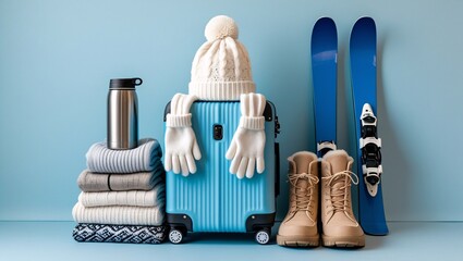 A suitcase filled with winter gear and skis against a blue background.
