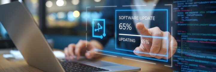 Person updating software on a laptop computer at sixty five percent