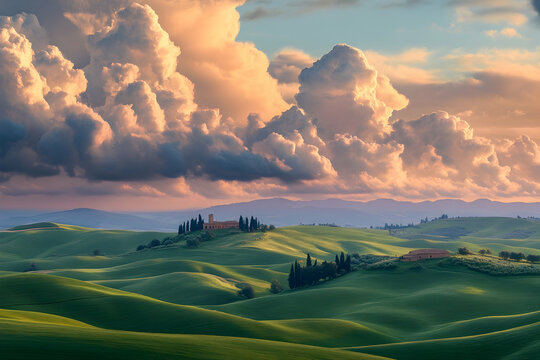 Expansive sky filled with dramatic clouds over rolling landscapes